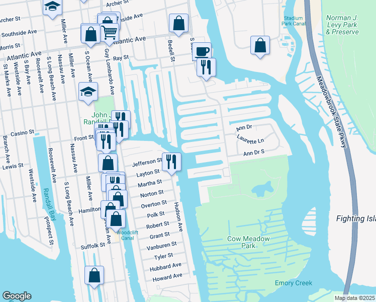 map of restaurants, bars, coffee shops, grocery stores, and more near 95 West 3rd Street in Freeport