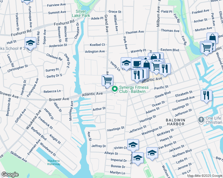map of restaurants, bars, coffee shops, grocery stores, and more near 2863 Grand Avenue in Baldwin