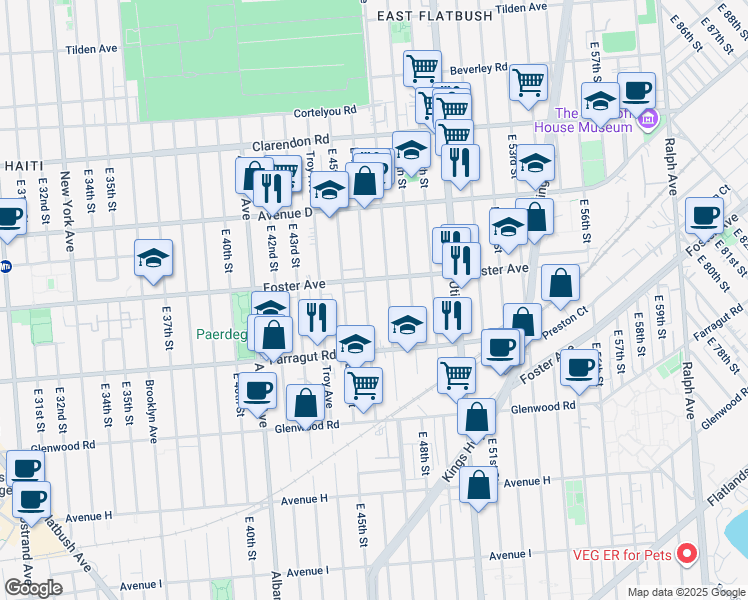 map of restaurants, bars, coffee shops, grocery stores, and more near 4702 Foster Avenue in Brooklyn