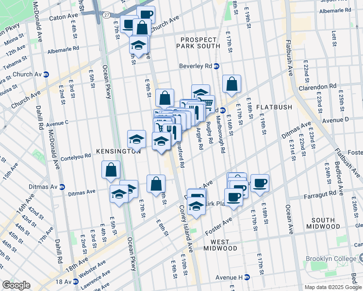 map of restaurants, bars, coffee shops, grocery stores, and more near 1022 Cortelyou Road in Brooklyn