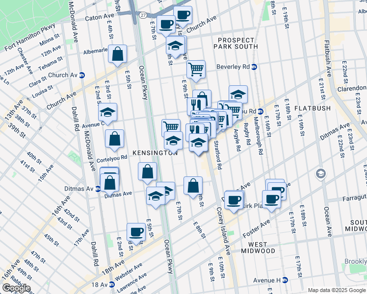 map of restaurants, bars, coffee shops, grocery stores, and more near 430 East 8th Street in Brooklyn