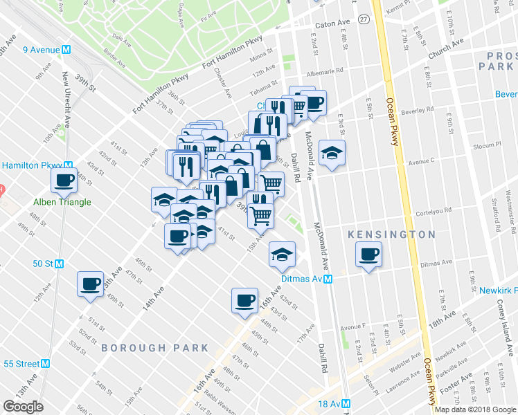 map of restaurants, bars, coffee shops, grocery stores, and more near 1421 38th Street in Brooklyn