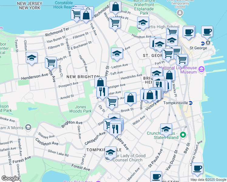 map of restaurants, bars, coffee shops, grocery stores, and more near 231 Benziger Avenue in Staten Island