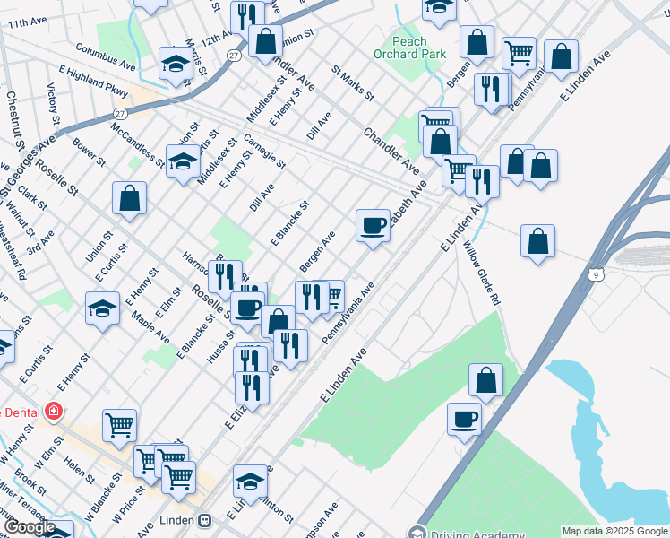 map of restaurants, bars, coffee shops, grocery stores, and more near 910 Essex Avenue in Linden