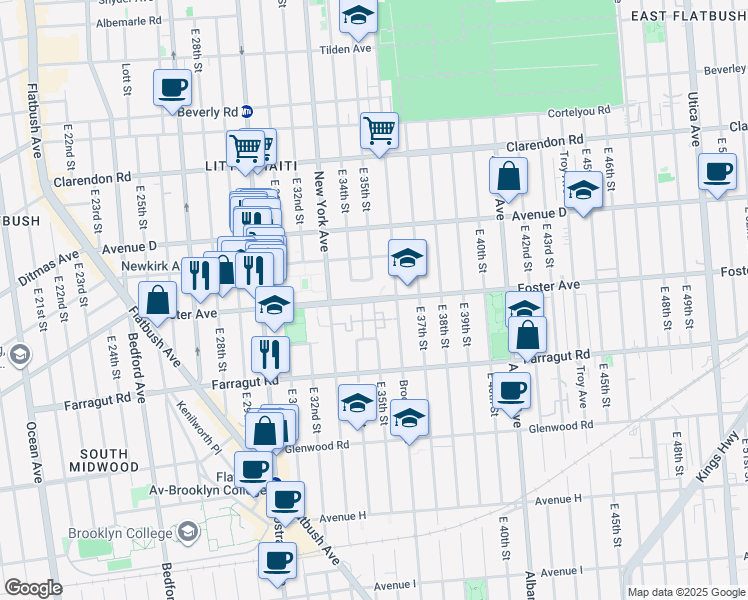 map of restaurants, bars, coffee shops, grocery stores, and more near 3500 Foster Avenue in Brooklyn