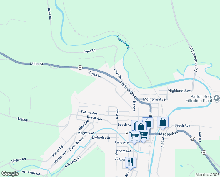 map of restaurants, bars, coffee shops, grocery stores, and more near 100-198 Aspen Lane in Patton
