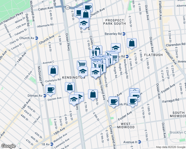 map of restaurants, bars, coffee shops, grocery stores, and more near 400 E 9th St in Brooklyn
