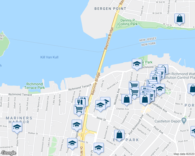 map of restaurants, bars, coffee shops, grocery stores, and more near 18 Bayonne Bridge in Staten Island