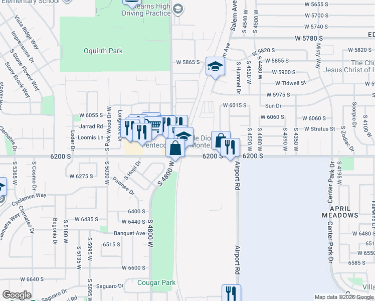 map of restaurants, bars, coffee shops, grocery stores, and more near 4731 West Talavera Way in Kearns
