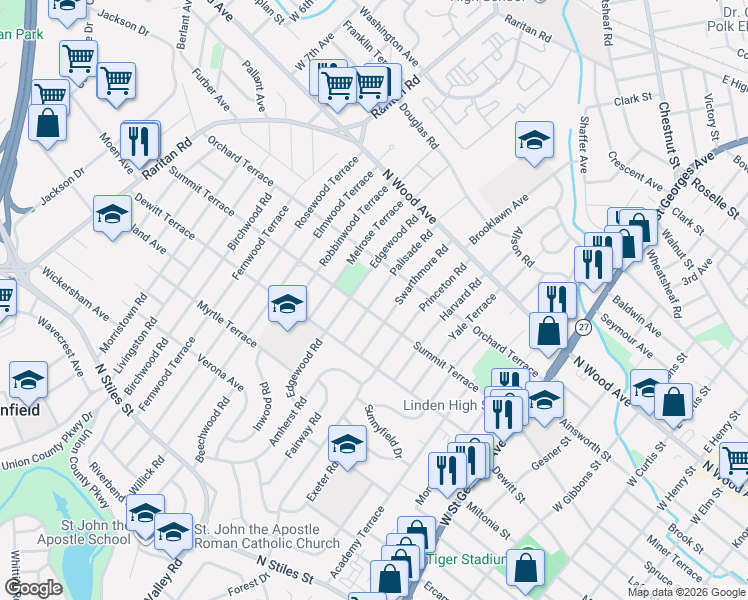 map of restaurants, bars, coffee shops, grocery stores, and more near 122 Palisade Road in Linden