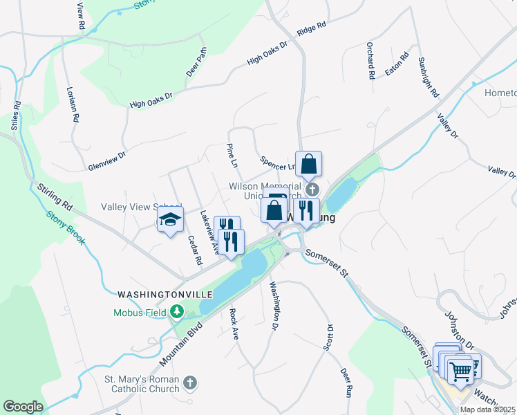 map of restaurants, bars, coffee shops, grocery stores, and more near Schmidt Circle in Watchung