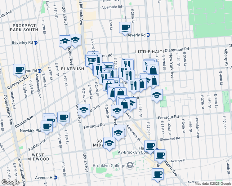 map of restaurants, bars, coffee shops, grocery stores, and more near 458 East 25th Street in Brooklyn