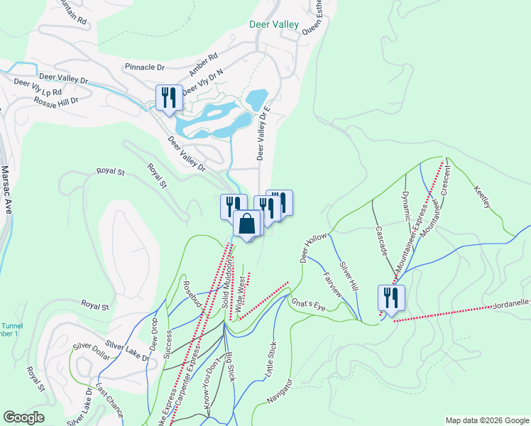 map of restaurants, bars, coffee shops, grocery stores, and more near 2400 Deer Valley Drive East in Park City