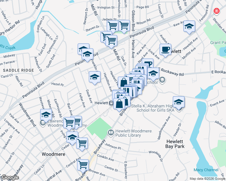 map of restaurants, bars, coffee shops, grocery stores, and more near 1232 Herbert Place in Hewlett