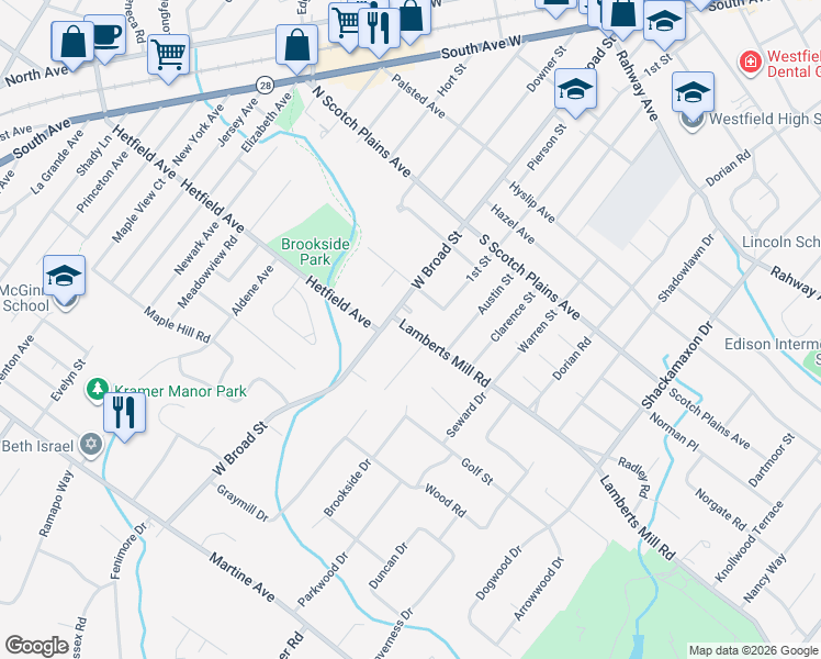 map of restaurants, bars, coffee shops, grocery stores, and more near in Scotch Plains