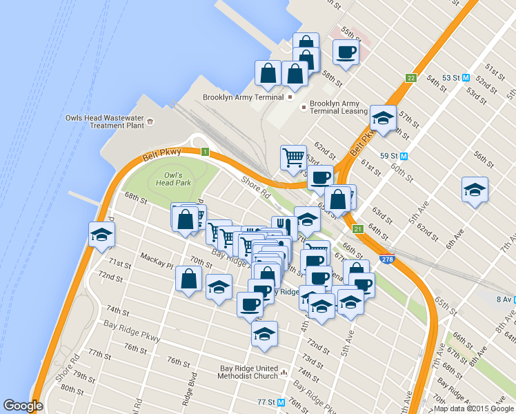 map of restaurants, bars, coffee shops, grocery stores, and more near 6623 Ridge Boulevard in Brooklyn