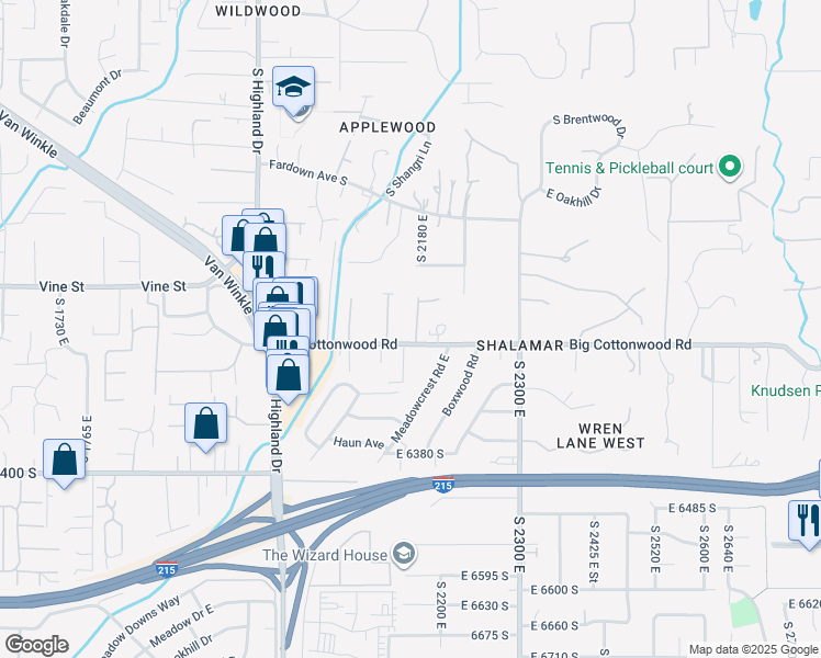 map of restaurants, bars, coffee shops, grocery stores, and more near 6176 Verness Cove in Holladay