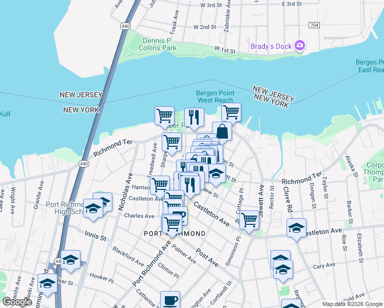 map of restaurants, bars, coffee shops, grocery stores, and more near 34 Maple Avenue in Staten Island
