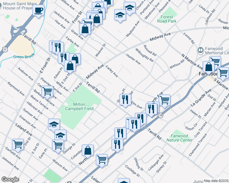 map of restaurants, bars, coffee shops, grocery stores, and more near 26 Tower Place in Fanwood