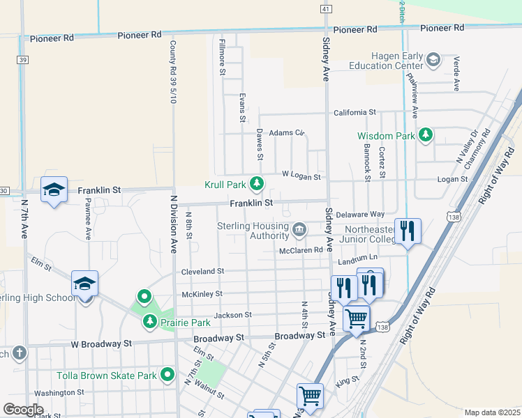 map of restaurants, bars, coffee shops, grocery stores, and more near 428 Franklin Street in Sterling