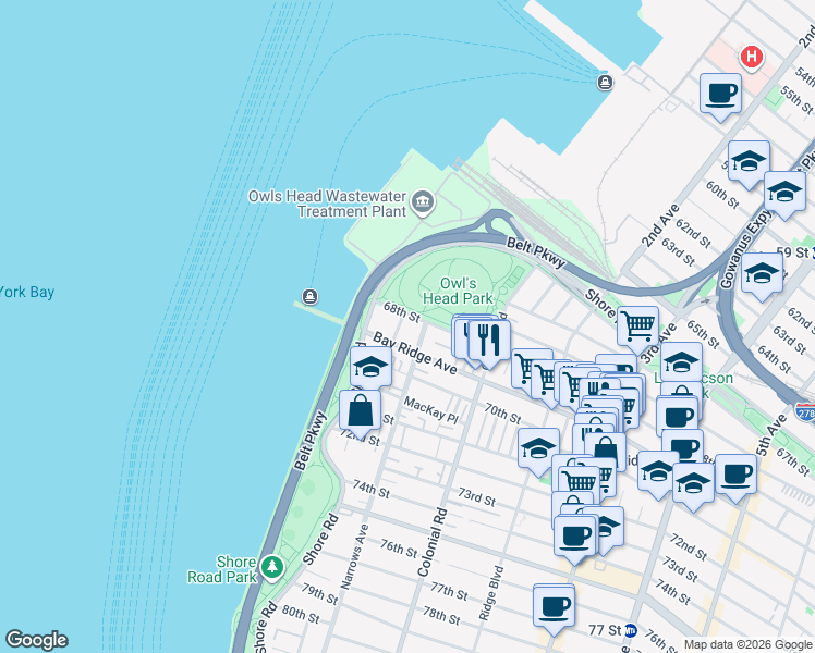 map of restaurants, bars, coffee shops, grocery stores, and more near 6811 Owls Head Court in Brooklyn