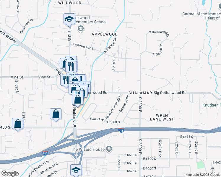map of restaurants, bars, coffee shops, grocery stores, and more near 6176 Verness Cove in Holladay