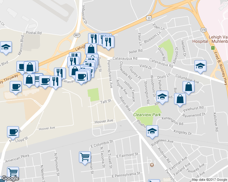 map of restaurants, bars, coffee shops, grocery stores, and more near 1936 Pennsylvania Avenue in Bethlehem