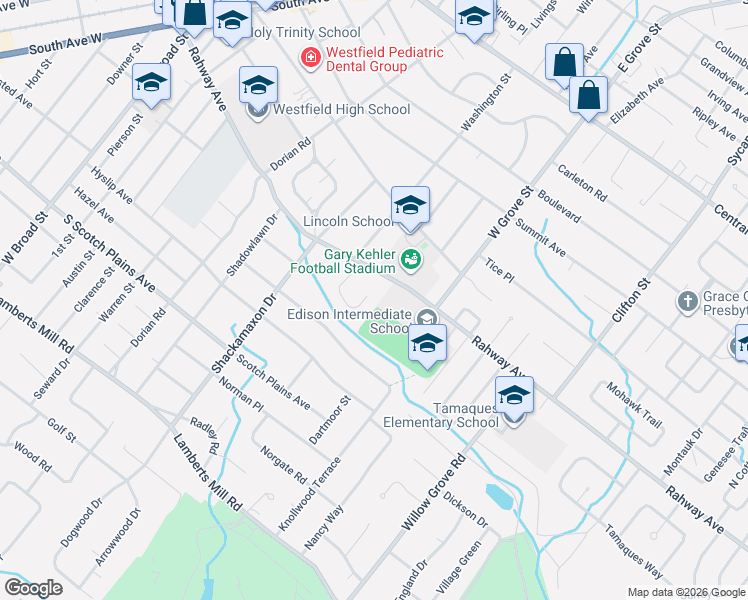 map of restaurants, bars, coffee shops, grocery stores, and more near 58 Westbrook Road in Westfield