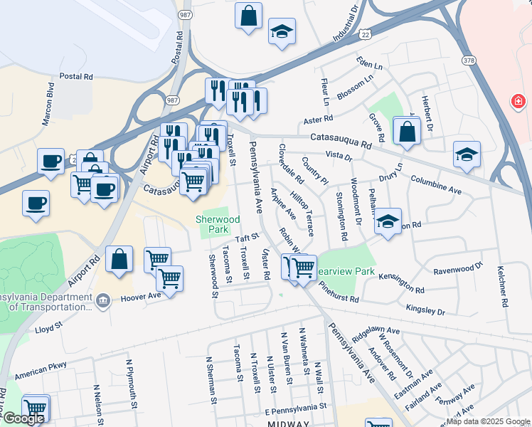 map of restaurants, bars, coffee shops, grocery stores, and more near 1936 Pennsylvania Avenue in Bethlehem