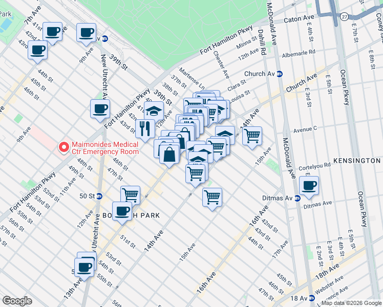 map of restaurants, bars, coffee shops, grocery stores, and more near 4101 13th Avenue in Brooklyn