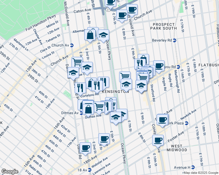 map of restaurants, bars, coffee shops, grocery stores, and more near 402 Ocean Parkway in Brooklyn