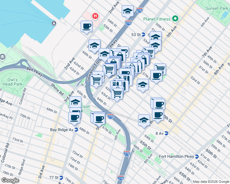map of restaurants, bars, coffee shops, grocery stores, and more near 457 62nd Street in Brooklyn