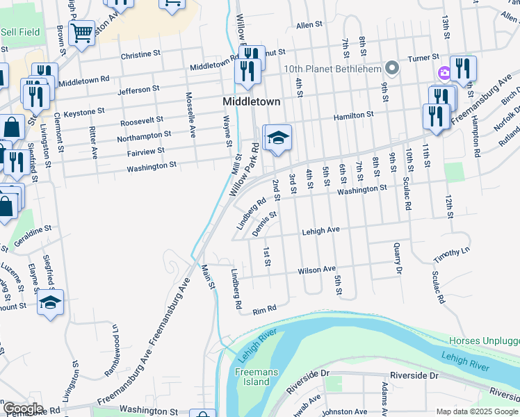 map of restaurants, bars, coffee shops, grocery stores, and more near 1687 Lindberg Road in Bethlehem