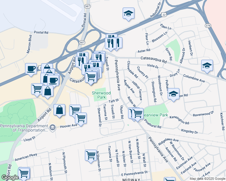 map of restaurants, bars, coffee shops, grocery stores, and more near 1940 Troxell Street in Allentown