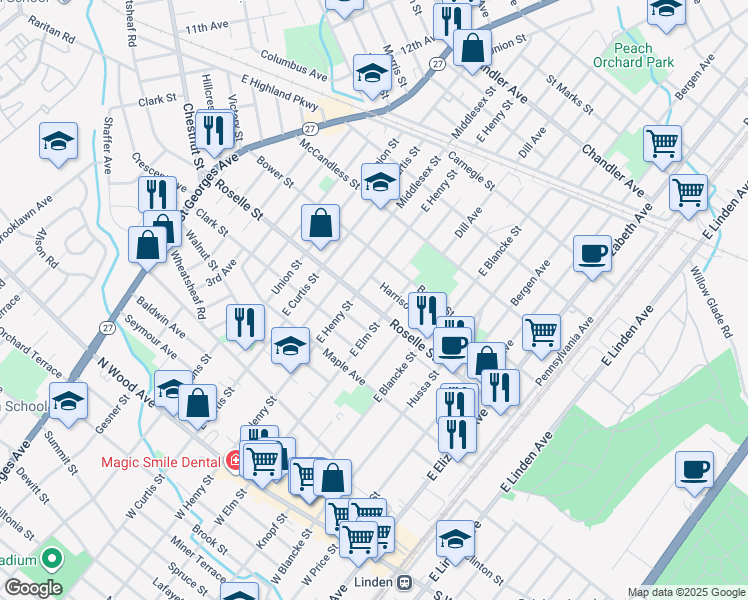map of restaurants, bars, coffee shops, grocery stores, and more near 714 Harrison Place in Linden