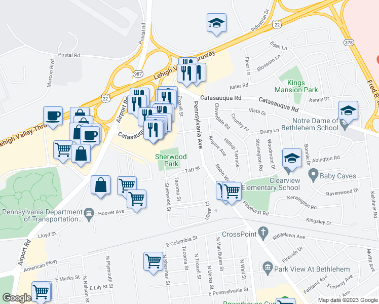 map of restaurants, bars, coffee shops, grocery stores, and more near 1940 Troxell Street in Allentown