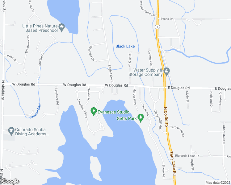 map of restaurants, bars, coffee shops, grocery stores, and more near 221 West Douglas Road in Fort Collins