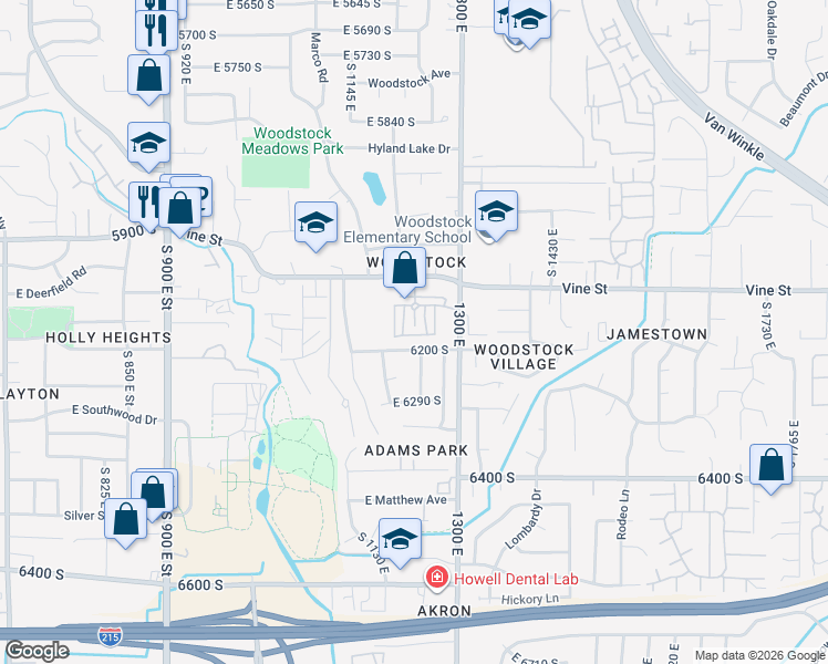 map of restaurants, bars, coffee shops, grocery stores, and more near 6140 Vine Park Drive in Murray