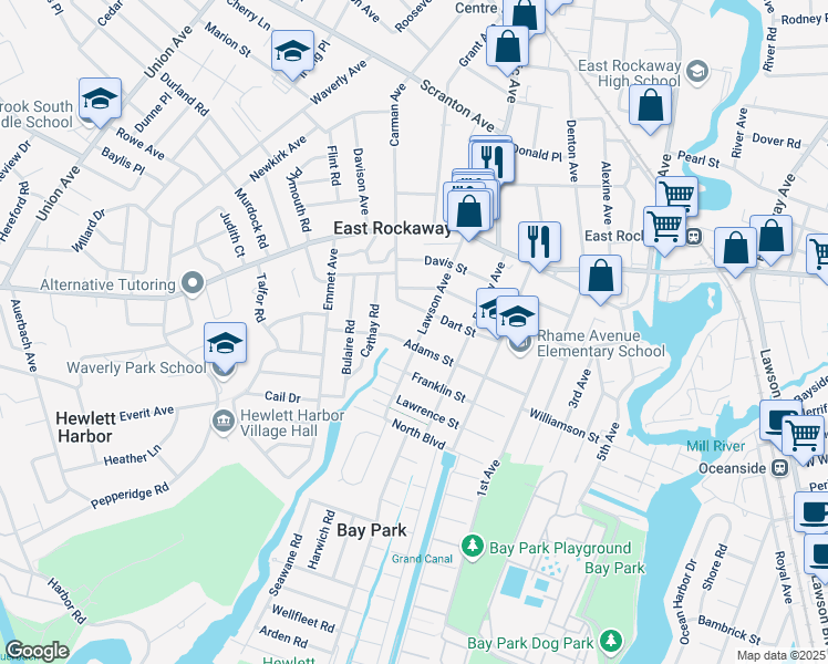 map of restaurants, bars, coffee shops, grocery stores, and more near 12A Adams Street in East Rockaway