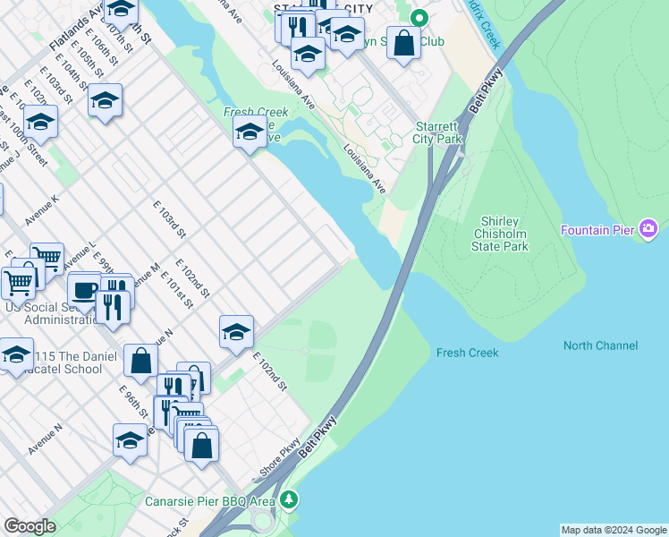 map of restaurants, bars, coffee shops, grocery stores, and more near 10583 Flatlands 10th Street in Brooklyn