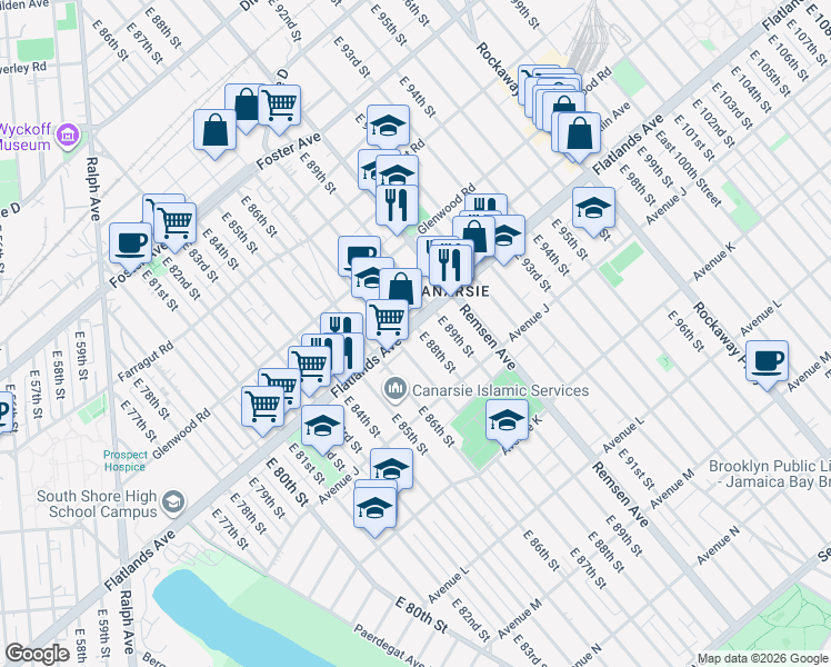 map of restaurants, bars, coffee shops, grocery stores, and more near 758 East 88th Street in Brooklyn