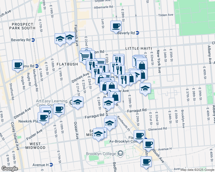 map of restaurants, bars, coffee shops, grocery stores, and more near 2523 Newkirk Avenue in Brooklyn
