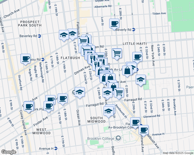 map of restaurants, bars, coffee shops, grocery stores, and more near 1267 Flatbush Avenue in Brooklyn
