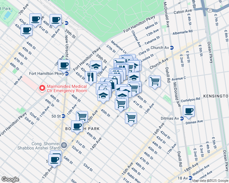 map of restaurants, bars, coffee shops, grocery stores, and more near 4101 13th Avenue in Brooklyn