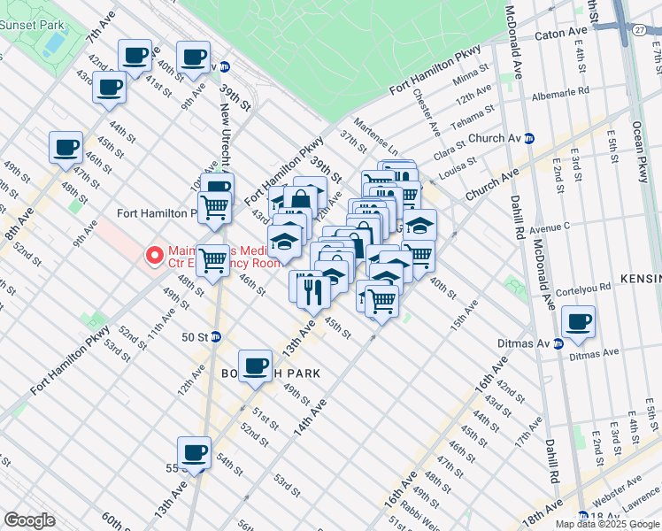 map of restaurants, bars, coffee shops, grocery stores, and more near 1249 42nd Street in Brooklyn