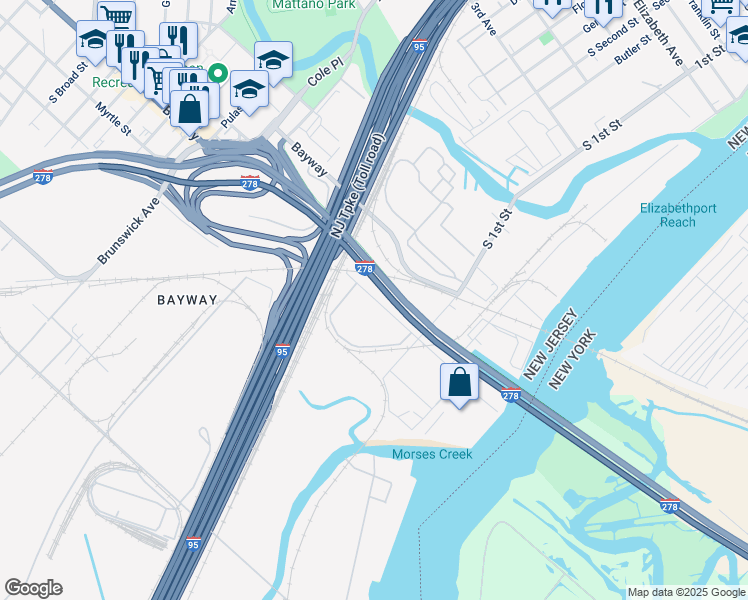map of restaurants, bars, coffee shops, grocery stores, and more near 167 Bayway Avenue in Elizabeth