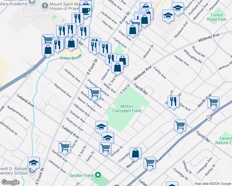 map of restaurants, bars, coffee shops, grocery stores, and more near 1436-38 McCrea Place in Plainfield
