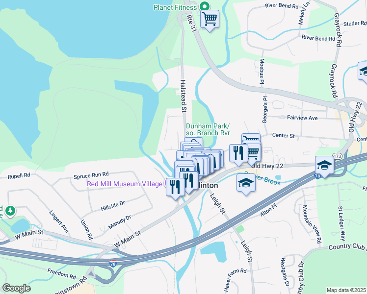 map of restaurants, bars, coffee shops, grocery stores, and more near 17 Halstead Street in Clinton
