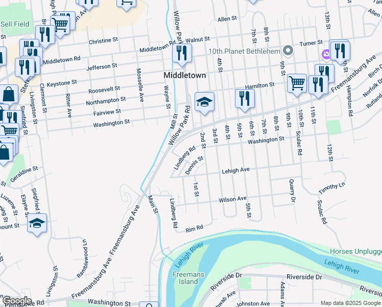 map of restaurants, bars, coffee shops, grocery stores, and more near 1687 Lindberg Road in Bethlehem