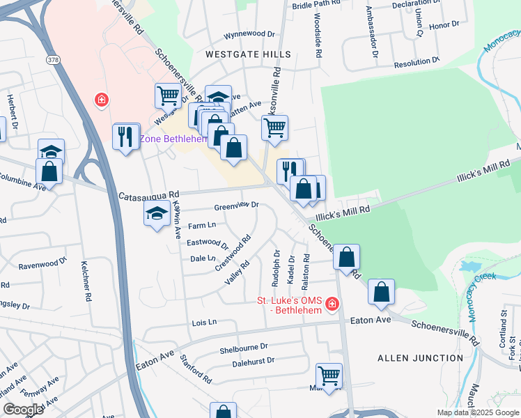 map of restaurants, bars, coffee shops, grocery stores, and more near 1348 Greenview Drive in Bethlehem